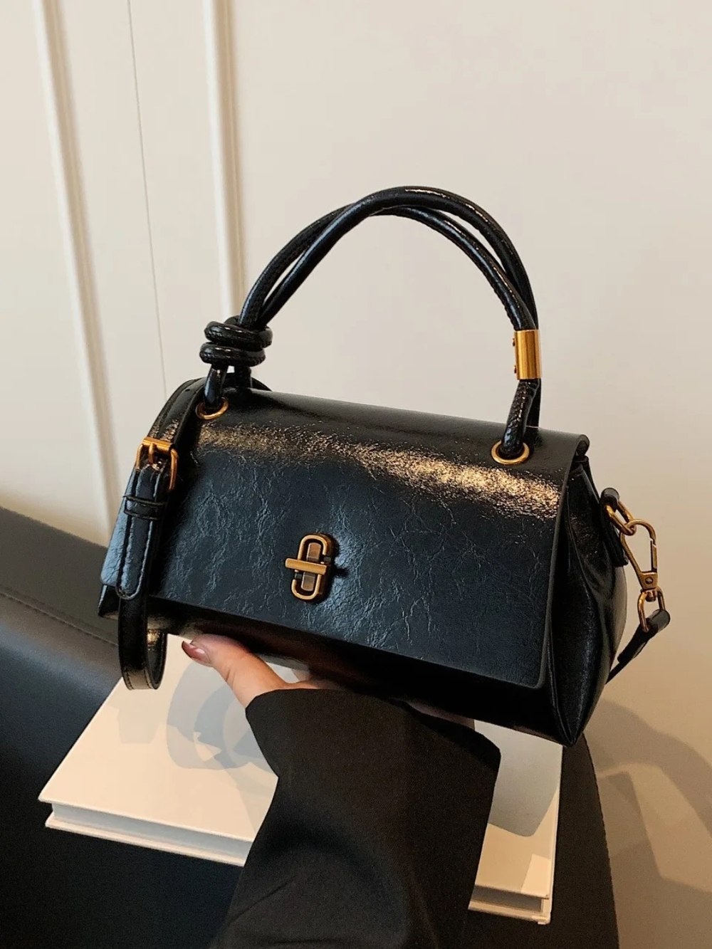 Black Leather Top-Handle Shoulder Bag with Gold Hardware